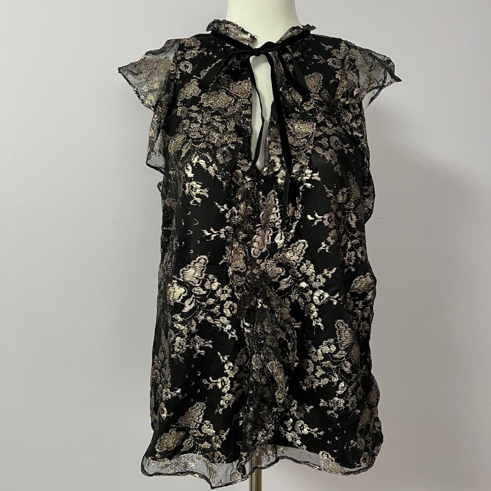 Parker tie nick flutter sleeve black and gold blouse